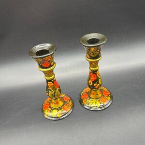 Vintage Khokhloma Candlesticks Hand Painted Russian Floral Fruit Folk Art Wooden